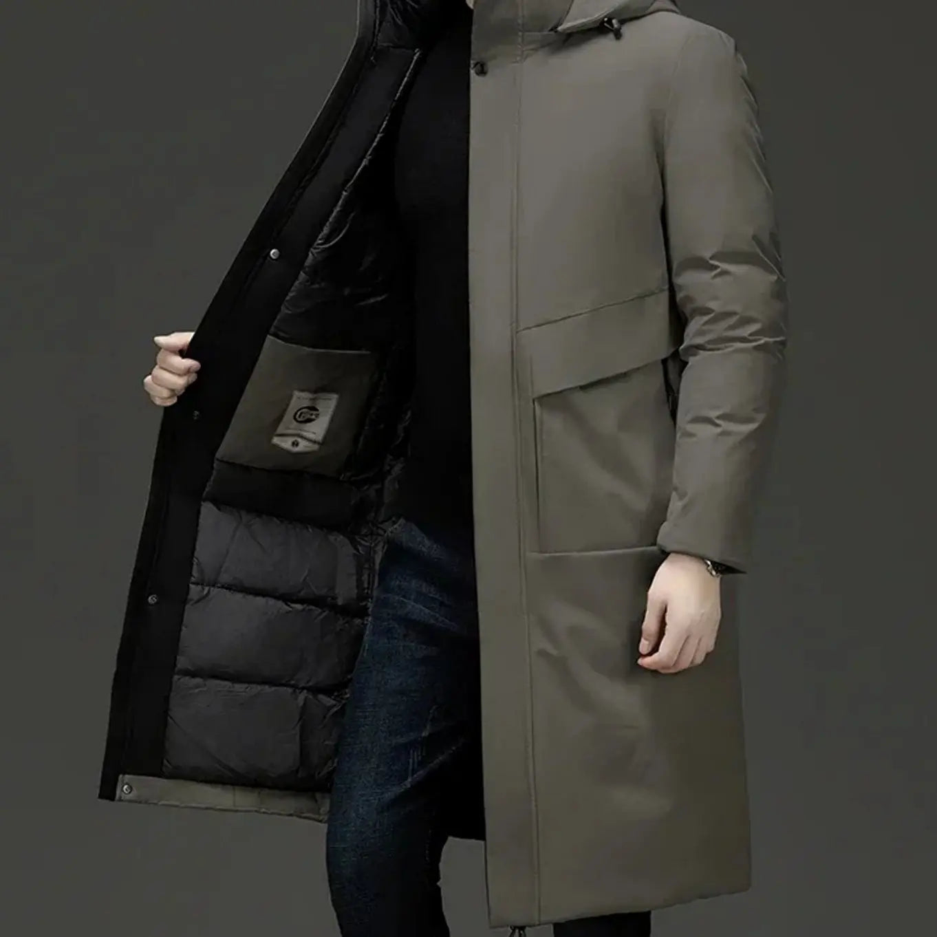 Men's Insulated Hooded Long-Line Zip-Front Winter Coat - Grey