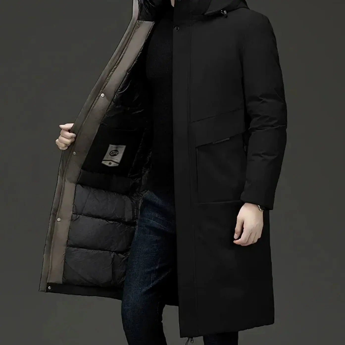 Men's Insulated Hooded Long-Line Zip-Front Winter Coat - Black