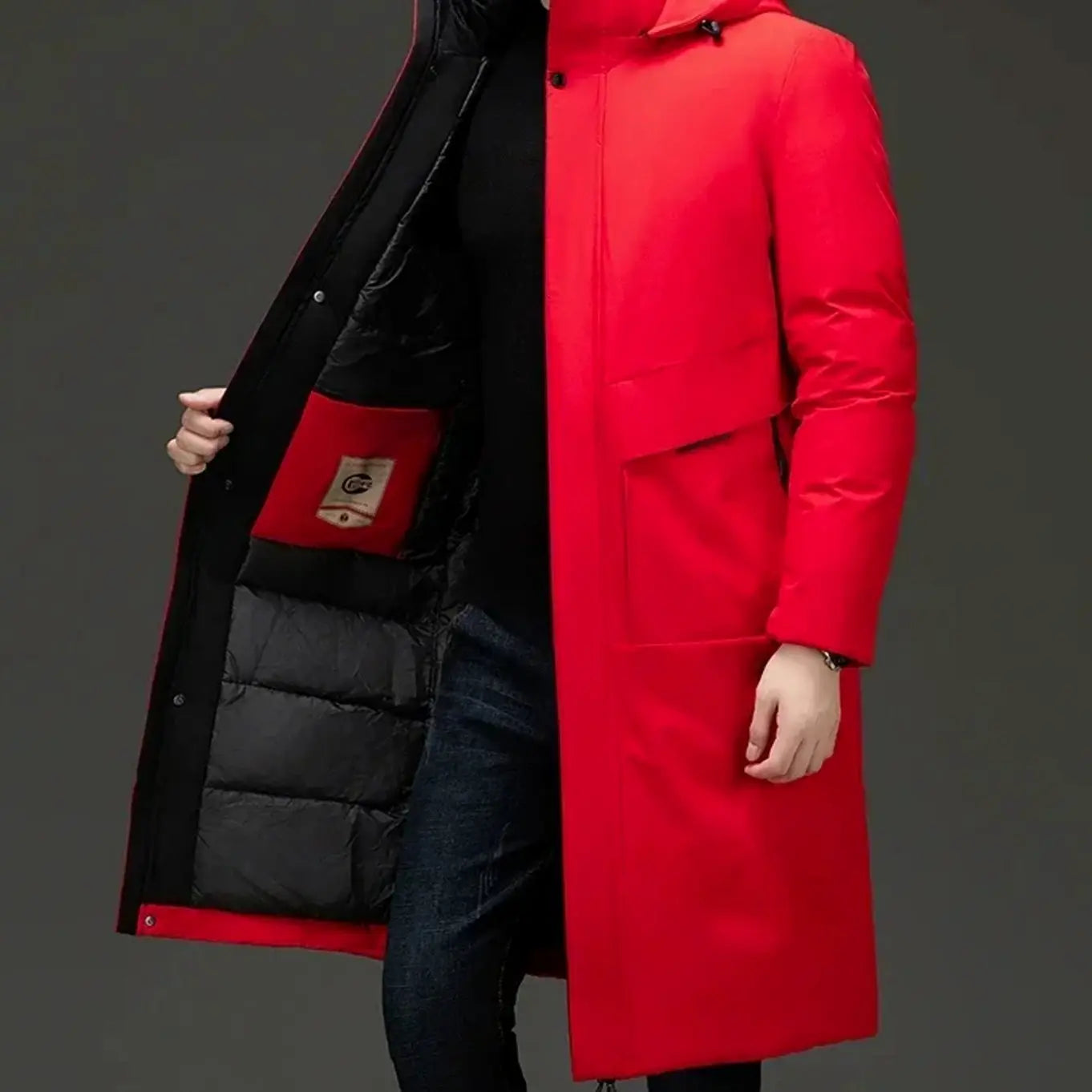 Men's Insulated Hooded Long-Line Zip-Front Winter Coat - Red