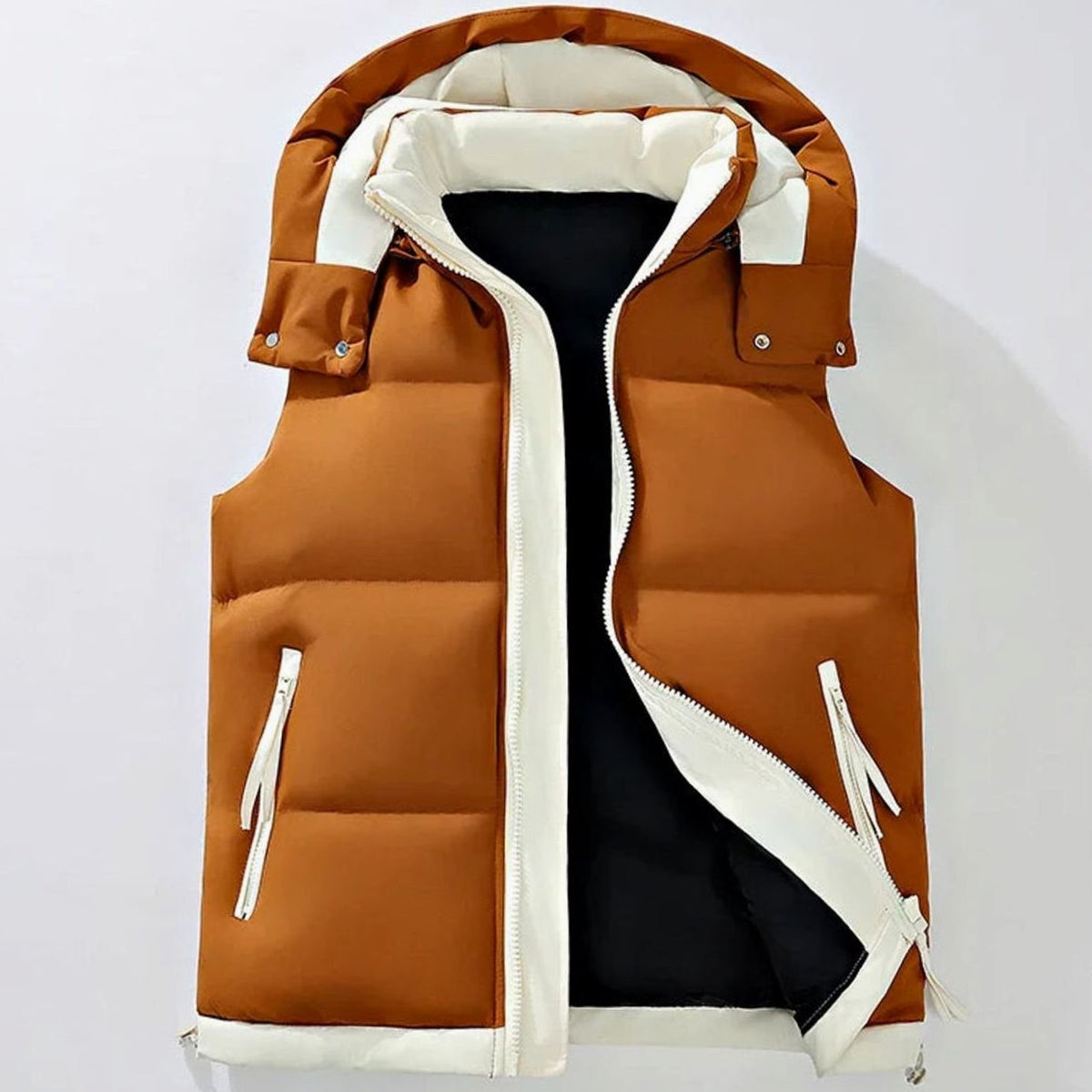 Men's Insulated Puffer Gilet Detachable Hood Water-Resistant Vest - Khaki