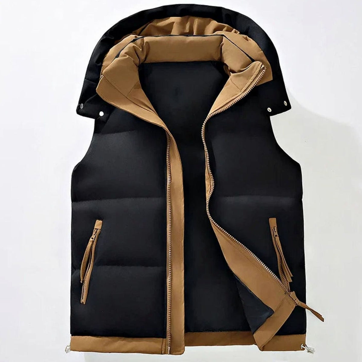 Men's Insulated Puffer Gilet Detachable Hood Water-Resistant Vest - Black