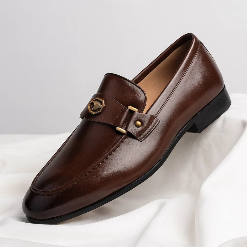 Men's Italian Leather Loafers Metal Accent - Brown