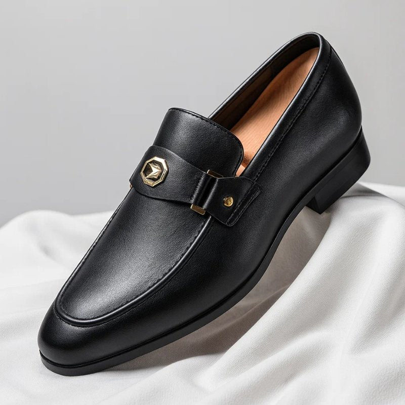 Men's Italian Leather Loafers Metal Accent - Black