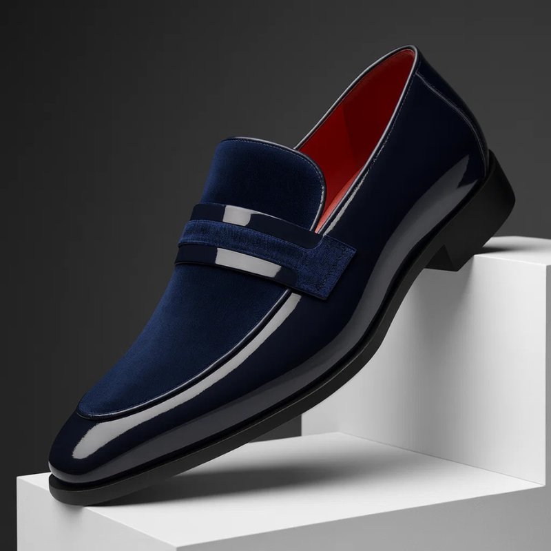 Men's Italian Leather Penny Loafers with Suede Detailing - Navy Blue