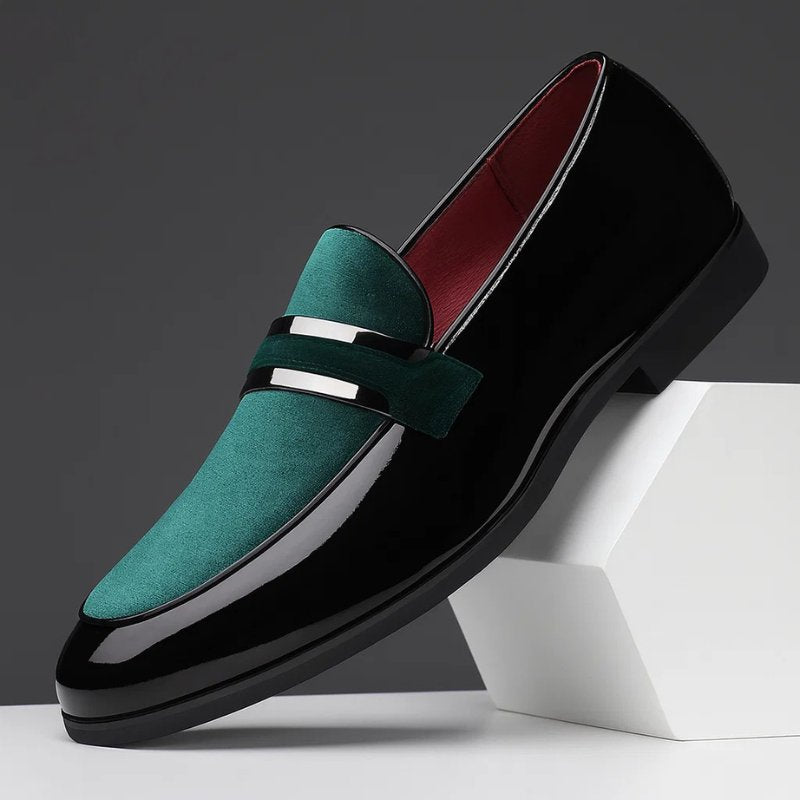 Men's Italian Leather Penny Loafers with Suede Detailing - Green Black