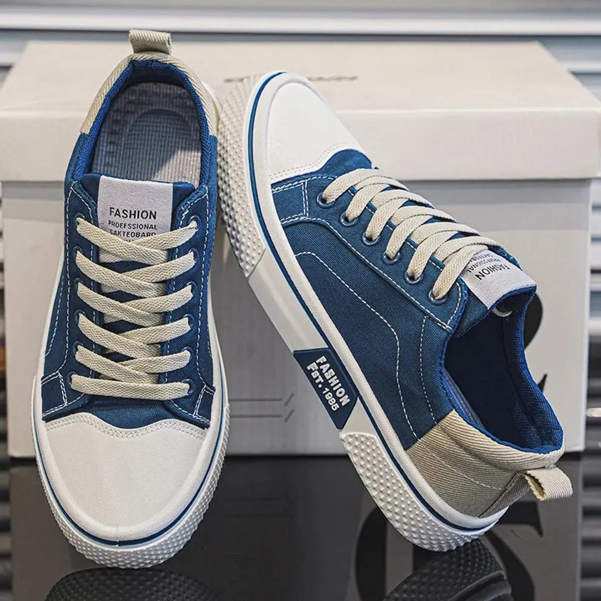 Men's Lace-Up Colour-Block Canvas Low-Top Trainers - Blue