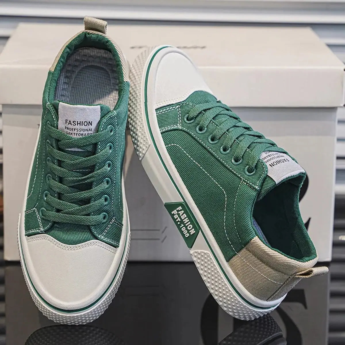 Men's Lace-Up Colour-Block Canvas Low-Top Trainers - Green