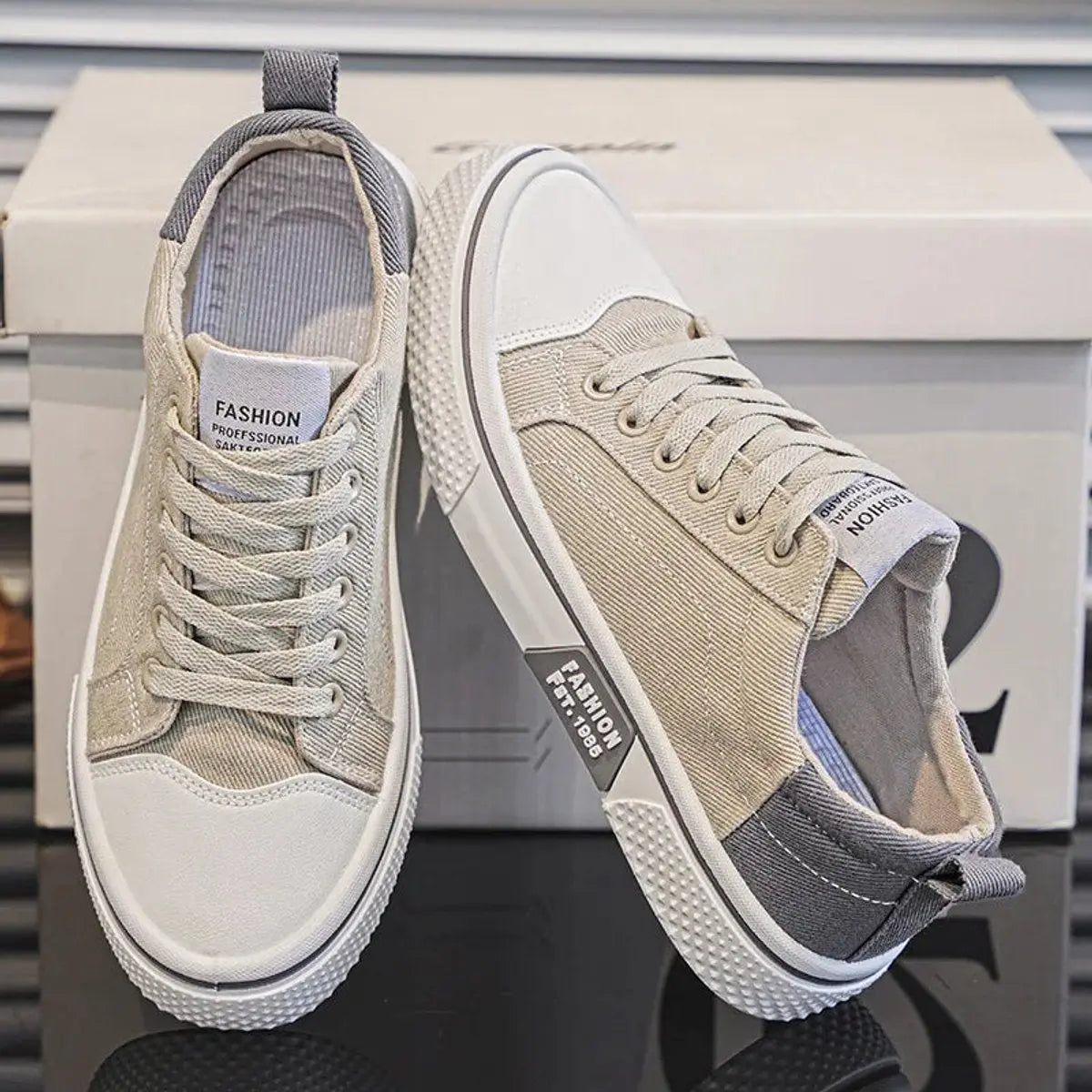 Men's Lace-Up Colour-Block Canvas Low-Top Trainers - Beige