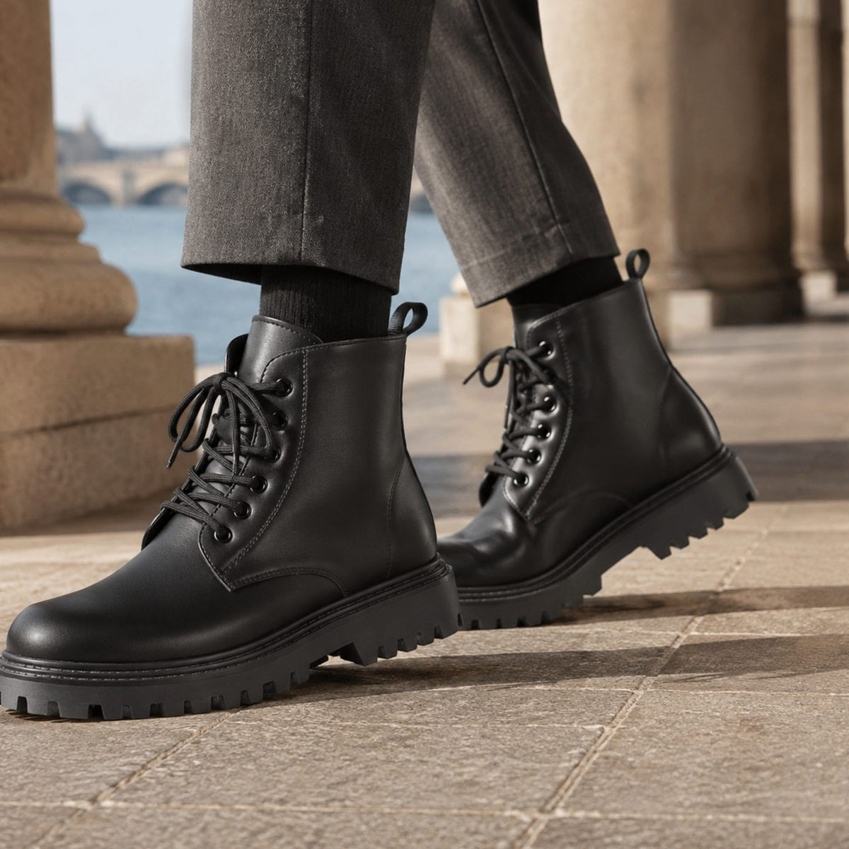 Men's Lace-Up Combat Boots Chunky Lug Sole Leather-Look - Black