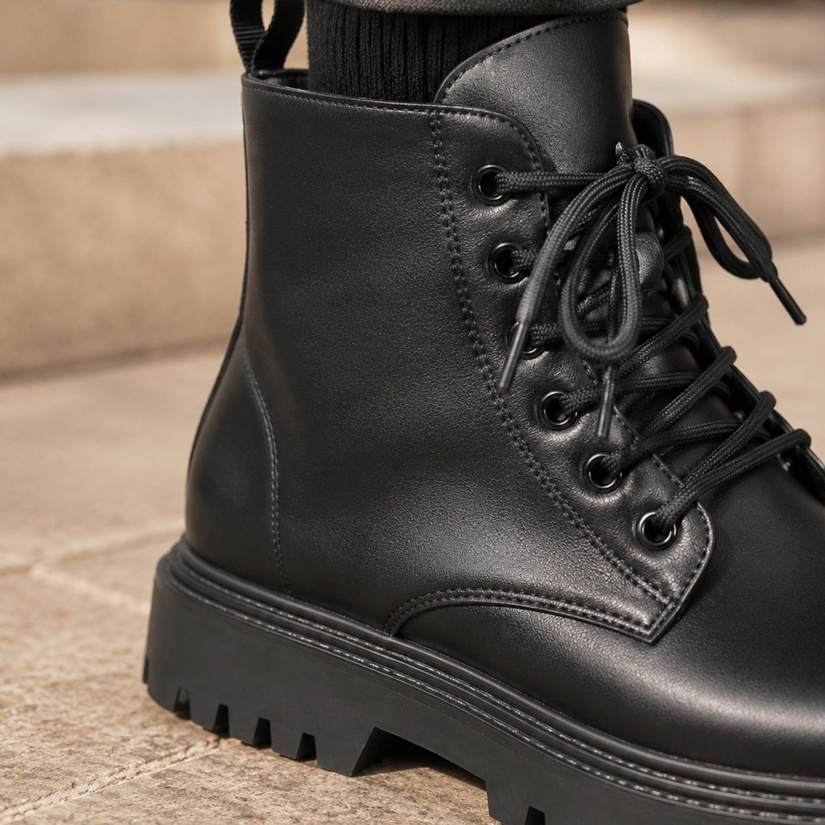 Men's Lace-Up Combat Boots Chunky Lug Sole Leather-Look