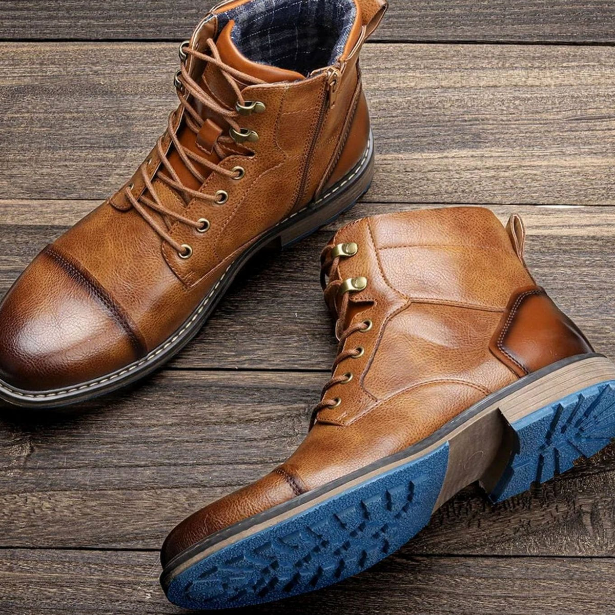 Men's Lace-Up Leather Ankle Boots Reinforced Cap-Toe
