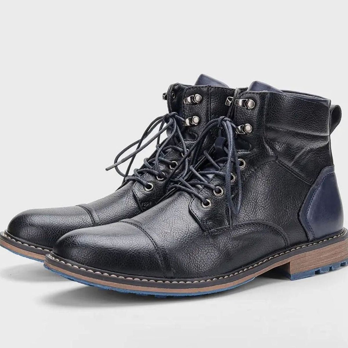 Men's Lace-Up Leather Ankle Boots Reinforced Cap-Toe - Obsidian Black