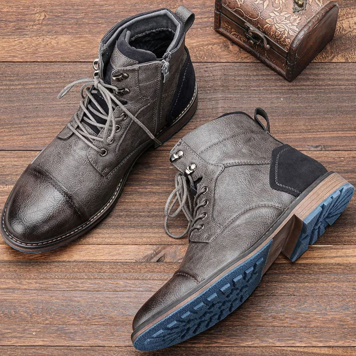 Men's Lace-Up Leather Ankle Boots Reinforced Cap-Toe