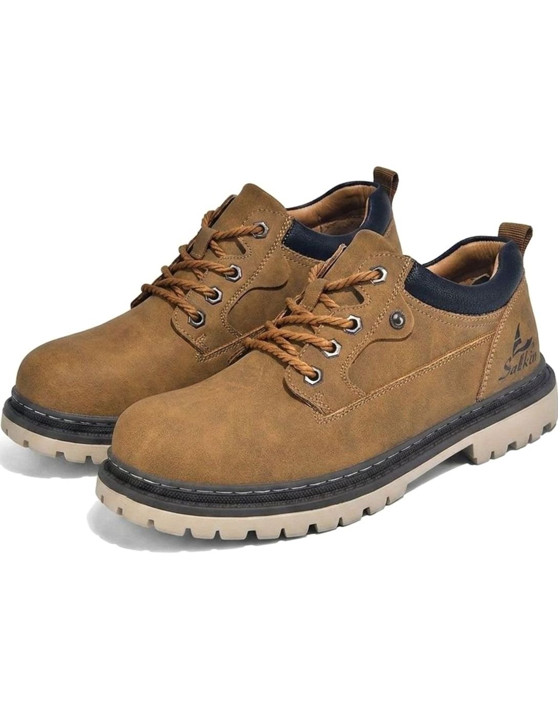 Men's Lace-Up Leather Low-Top Work Boots - Khaki
