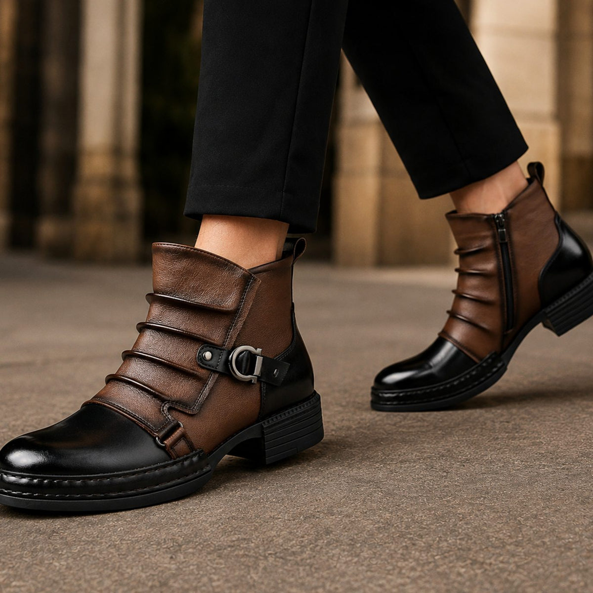 Men's Leather Buckle-Strap Two-Tone Ankle Boots - Brown
