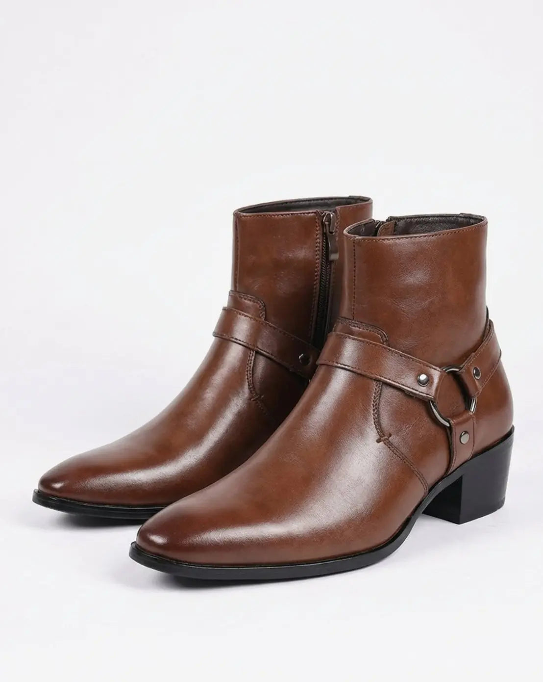 Men's Leather Harness-Strap Pointed-Toe Ankle Boots - Dark Brown