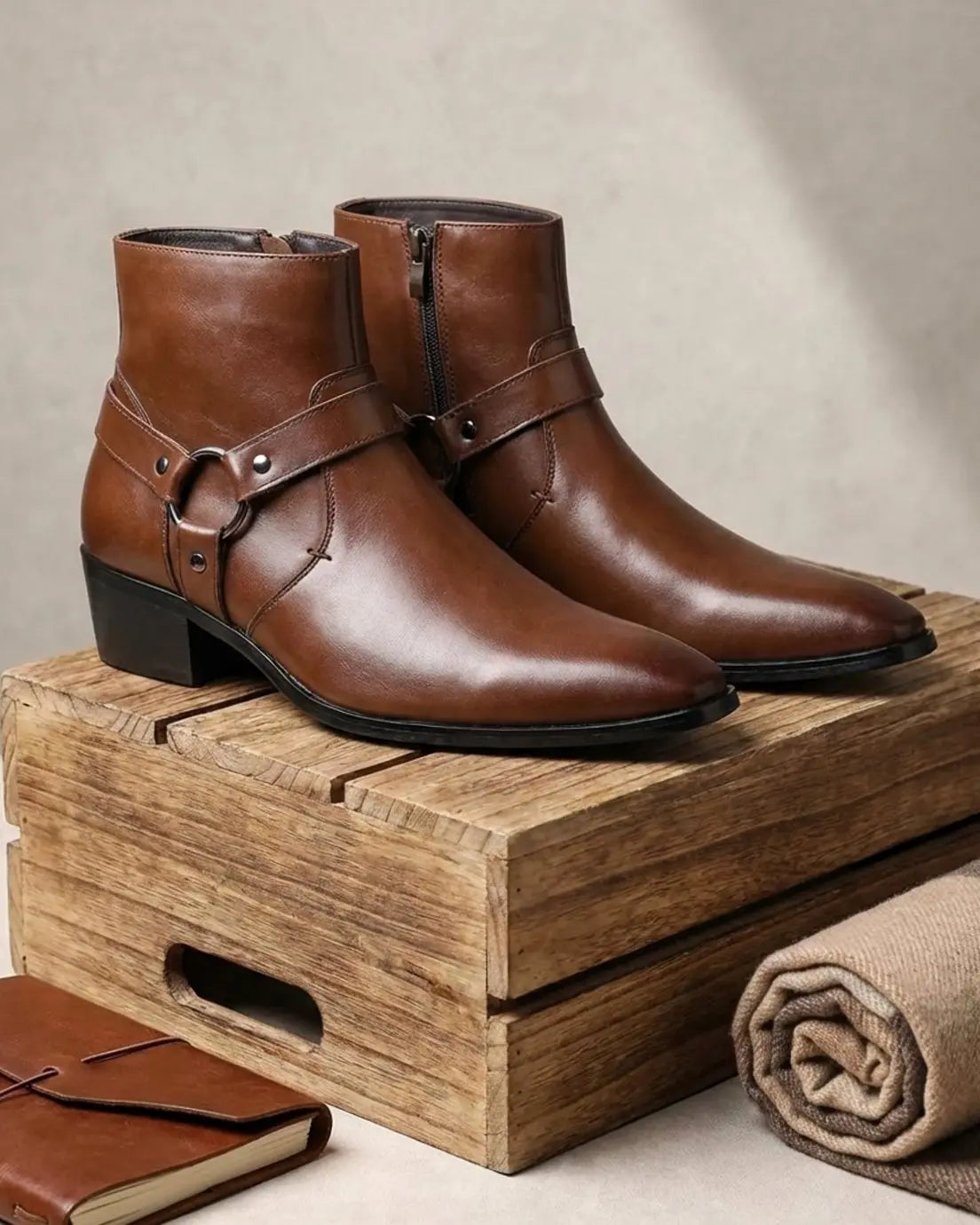 Men's Leather Harness-Strap Pointed-Toe Ankle Boots
