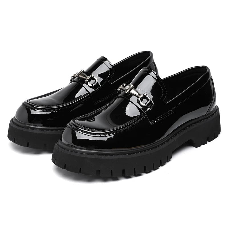 Men's Leather Loafers Metal Buckle Slip-On - Black