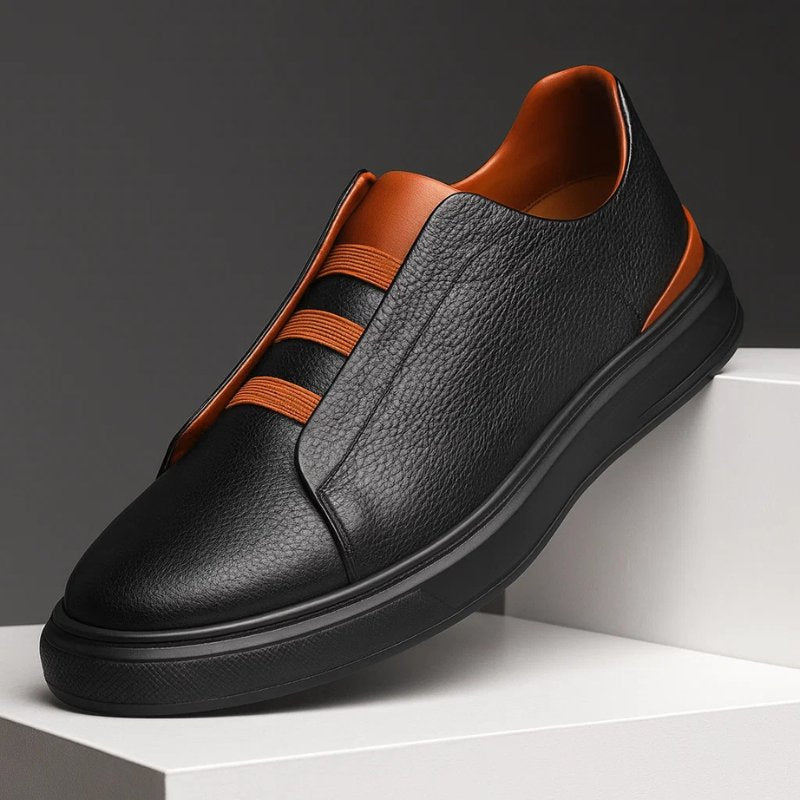 Men's Leather Slip-On Trainers Loop Lacing - Black Brown