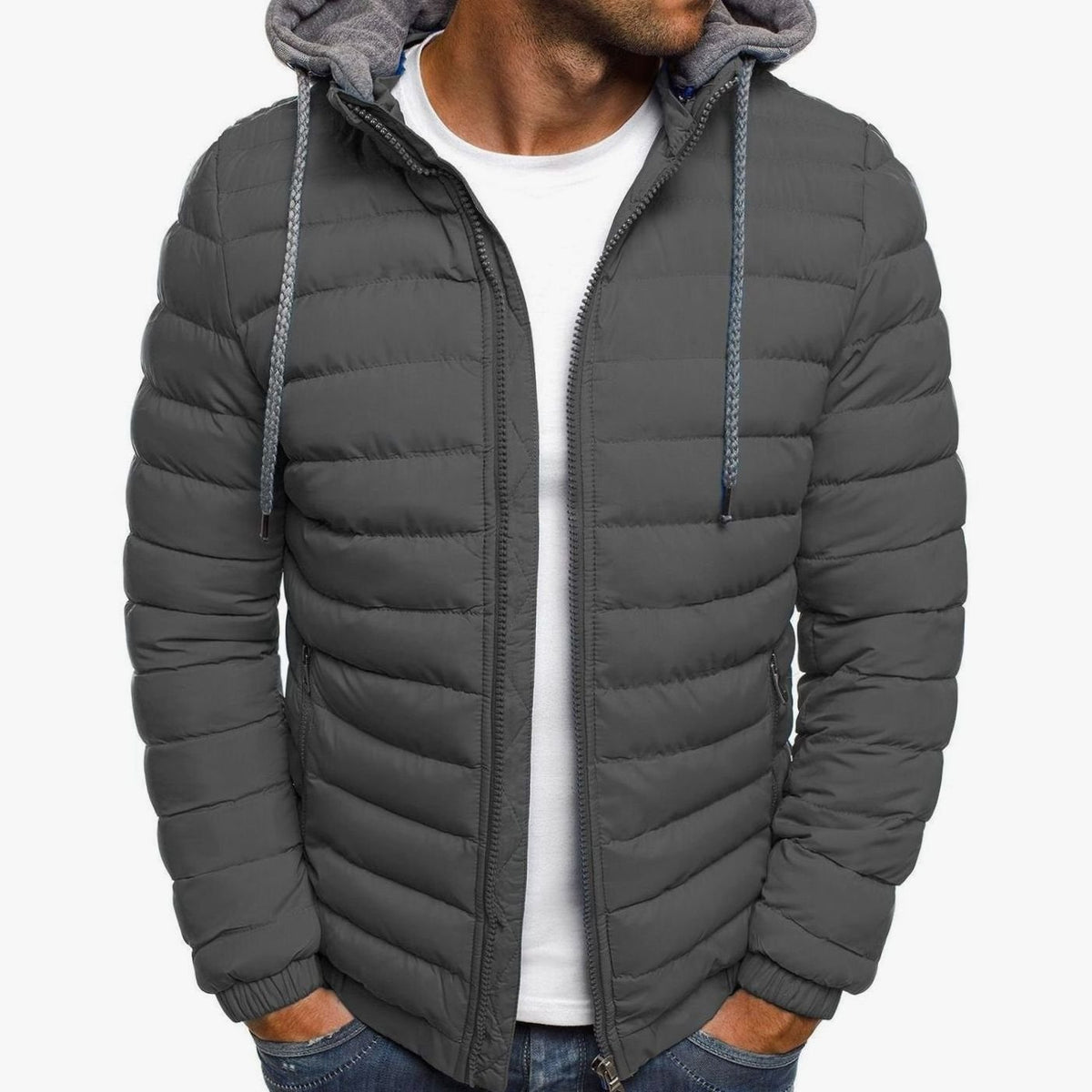 Men's Lightweight Quilted Hooded Puffer Jacket - Grey