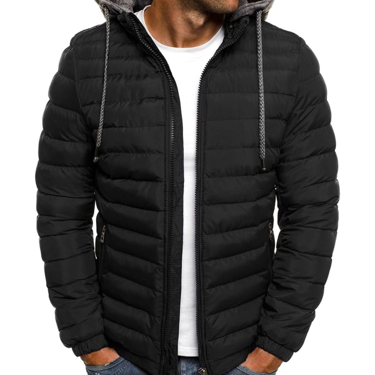 Men's Lightweight Quilted Hooded Puffer Jacket - Black