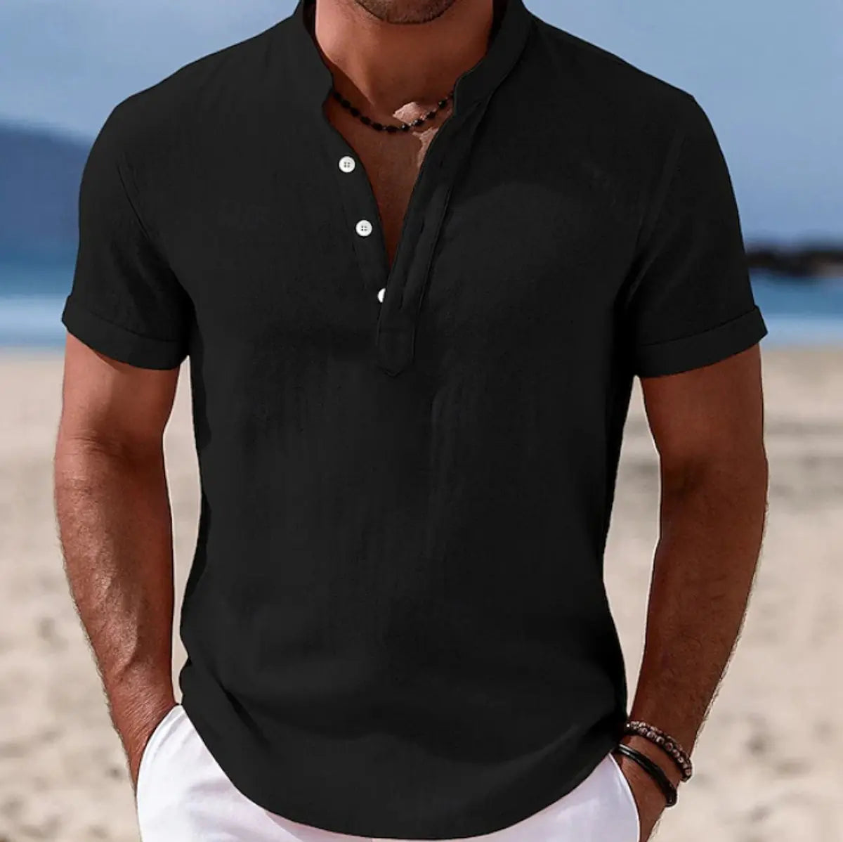 Men's Lightweight Short-Sleeve Henley Button-Up Summer Shirt - Black