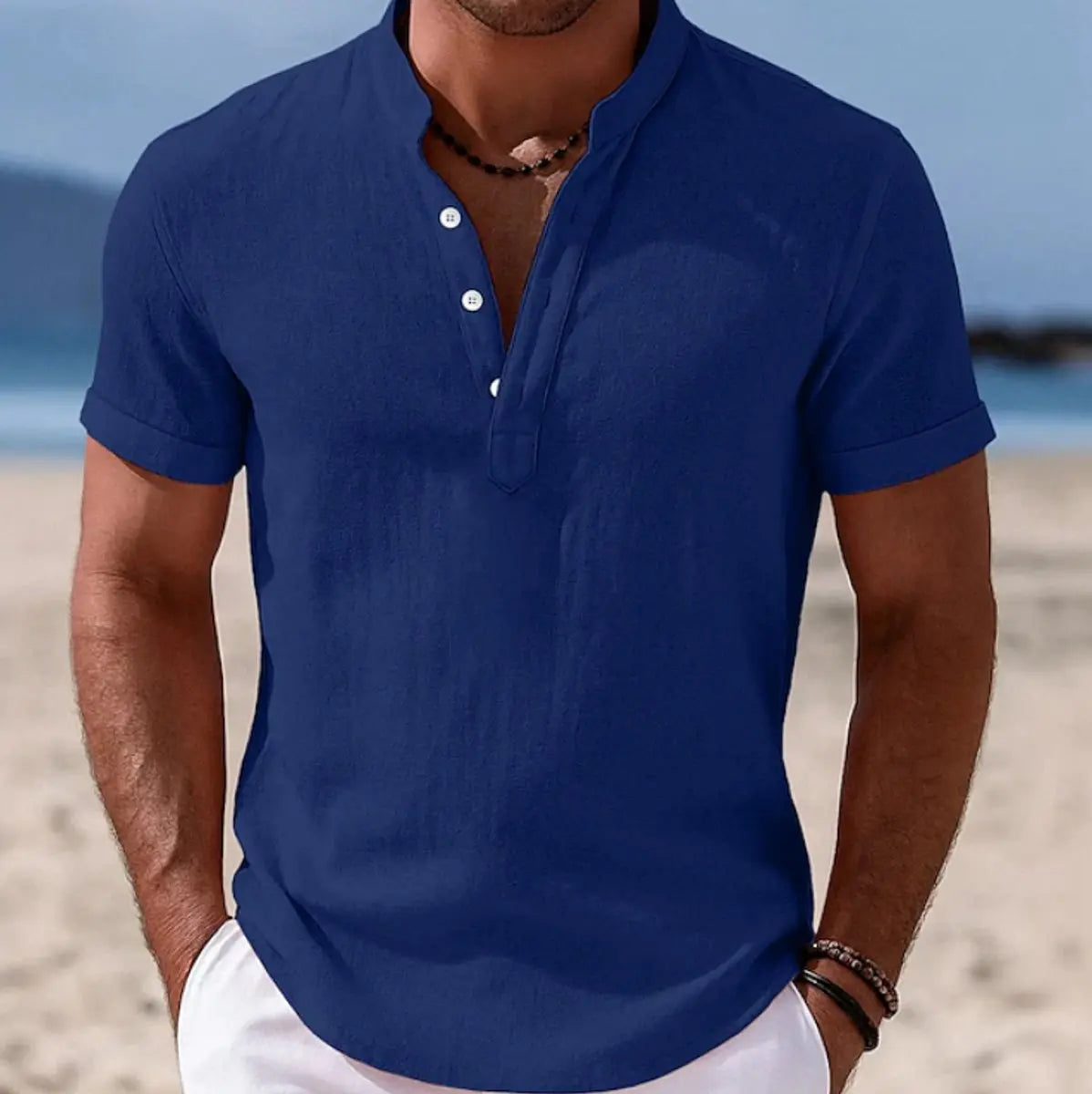 Men's Lightweight Short-Sleeve Henley Button-Up Summer Shirt - Blue