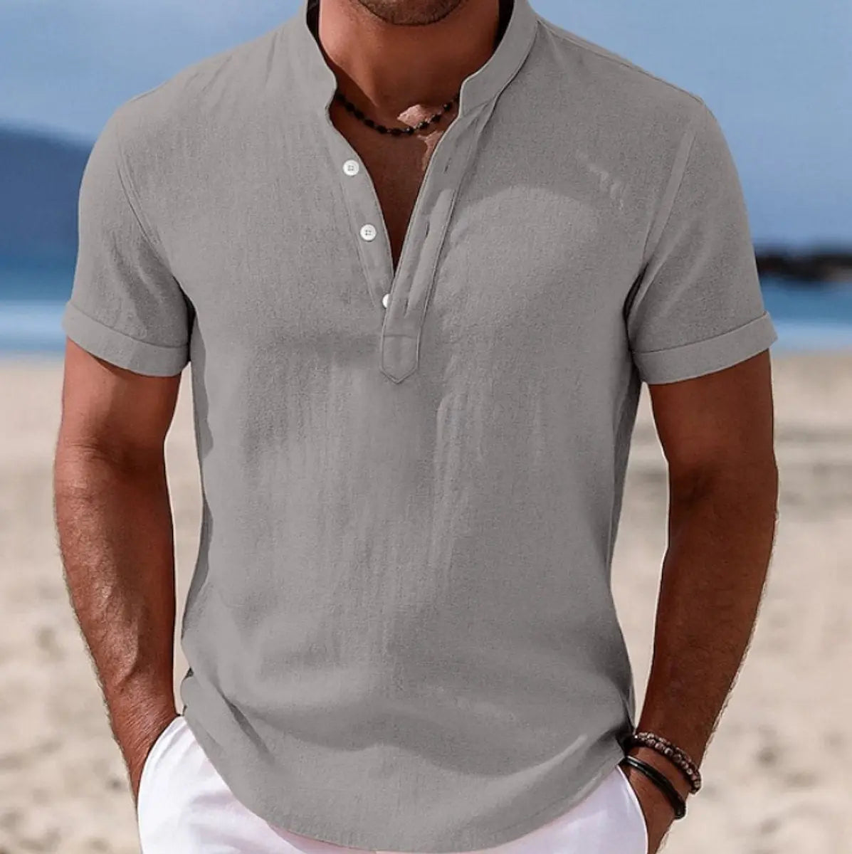 Men's Lightweight Short-Sleeve Henley Button-Up Summer Shirt - Grey