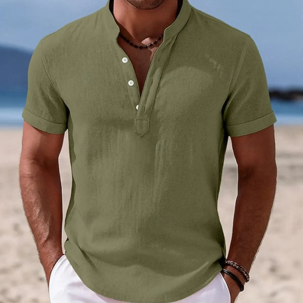 Men's Lightweight Short-Sleeve Henley Button-Up Summer Shirt - Green