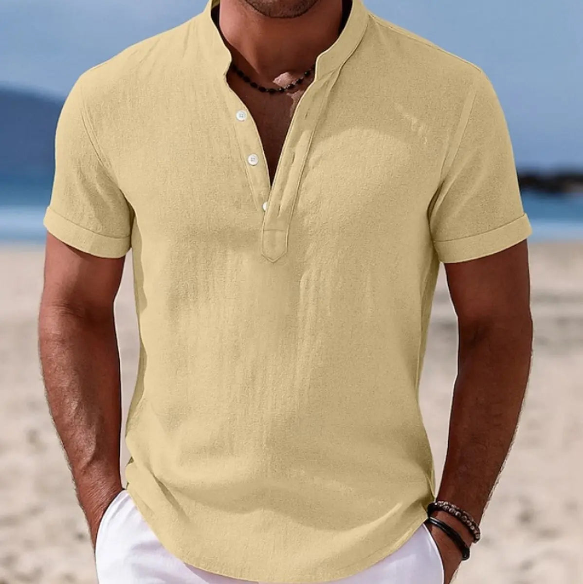 Men's Lightweight Short-Sleeve Henley Button-Up Summer Shirt - Yellow