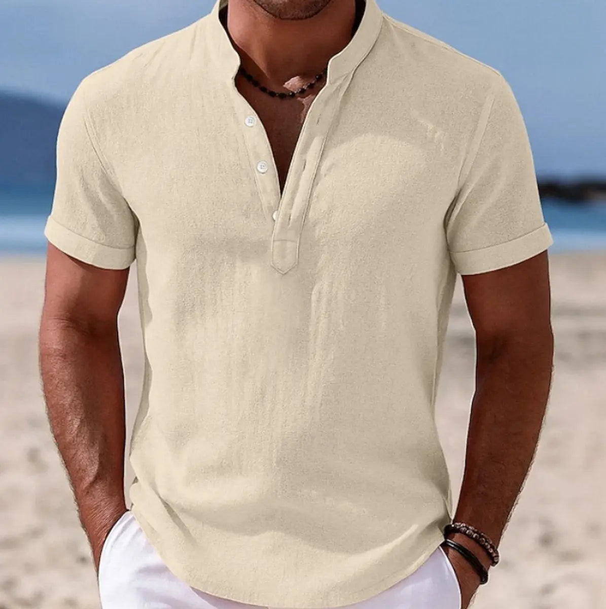 Men's Lightweight Short-Sleeve Henley Button-Up Summer Shirt - Beige