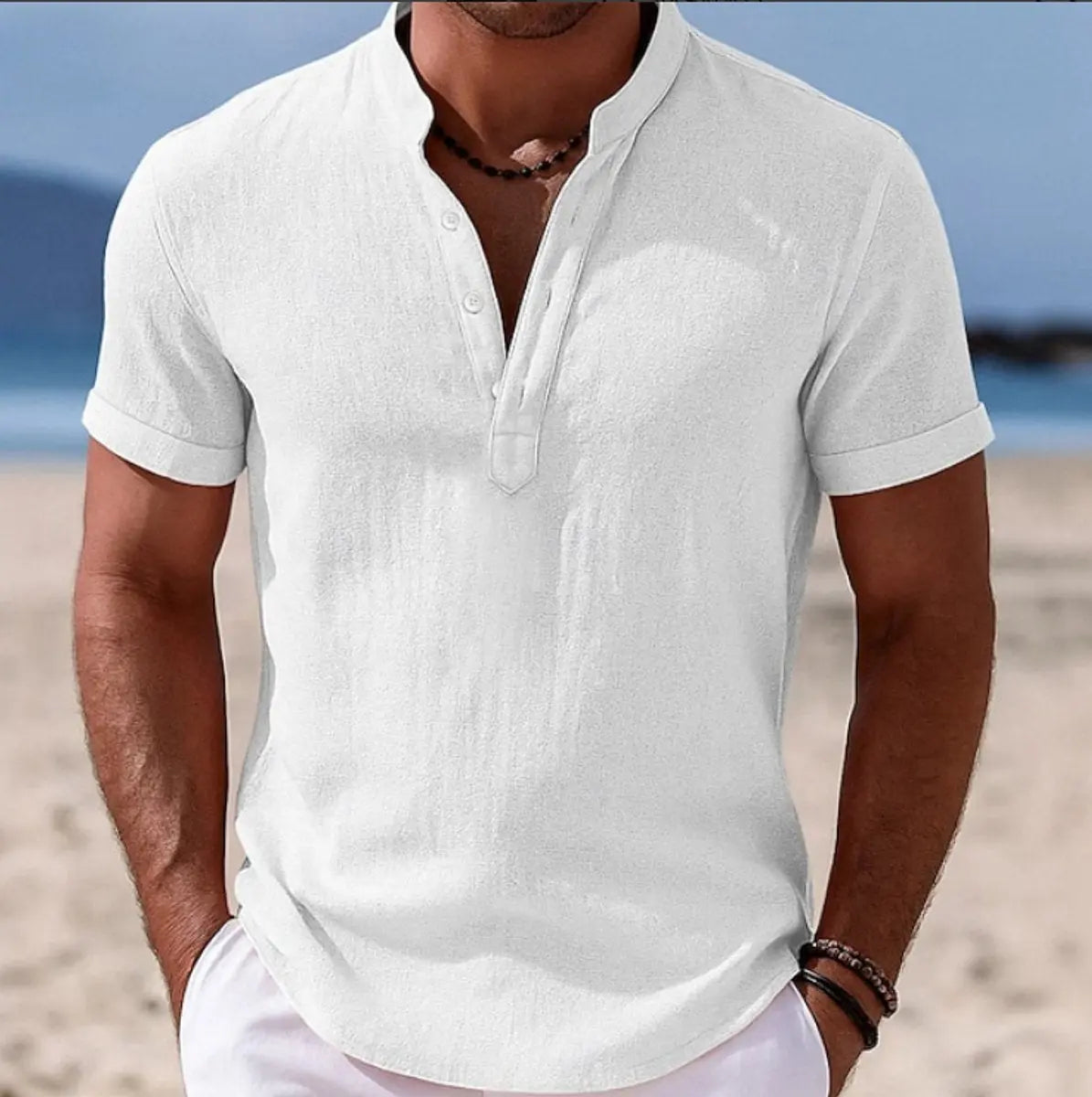 Men's Lightweight Short-Sleeve Henley Button-Up Summer Shirt - White