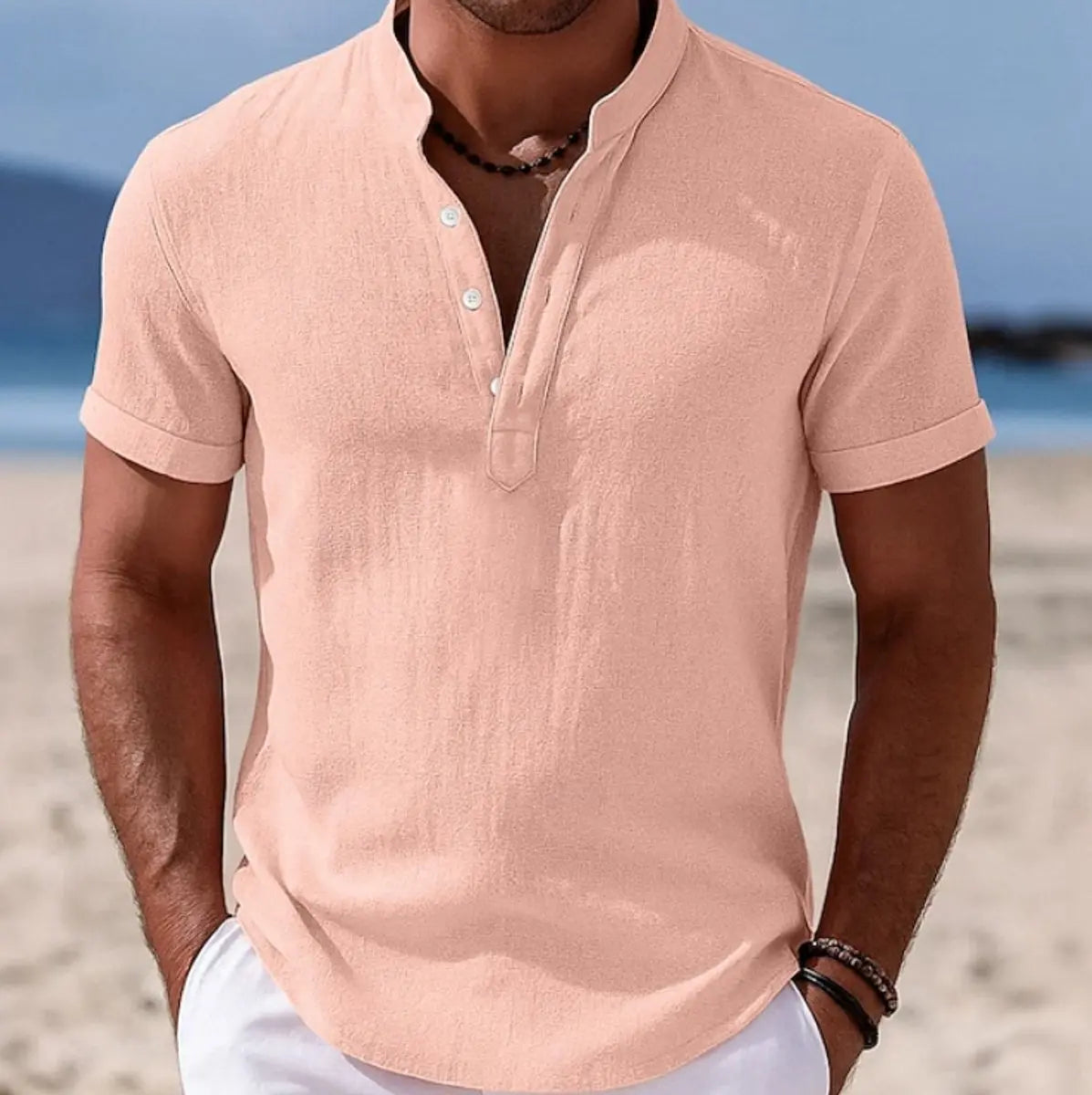 Men's Lightweight Short-Sleeve Henley Button-Up Summer Shirt - Pink
