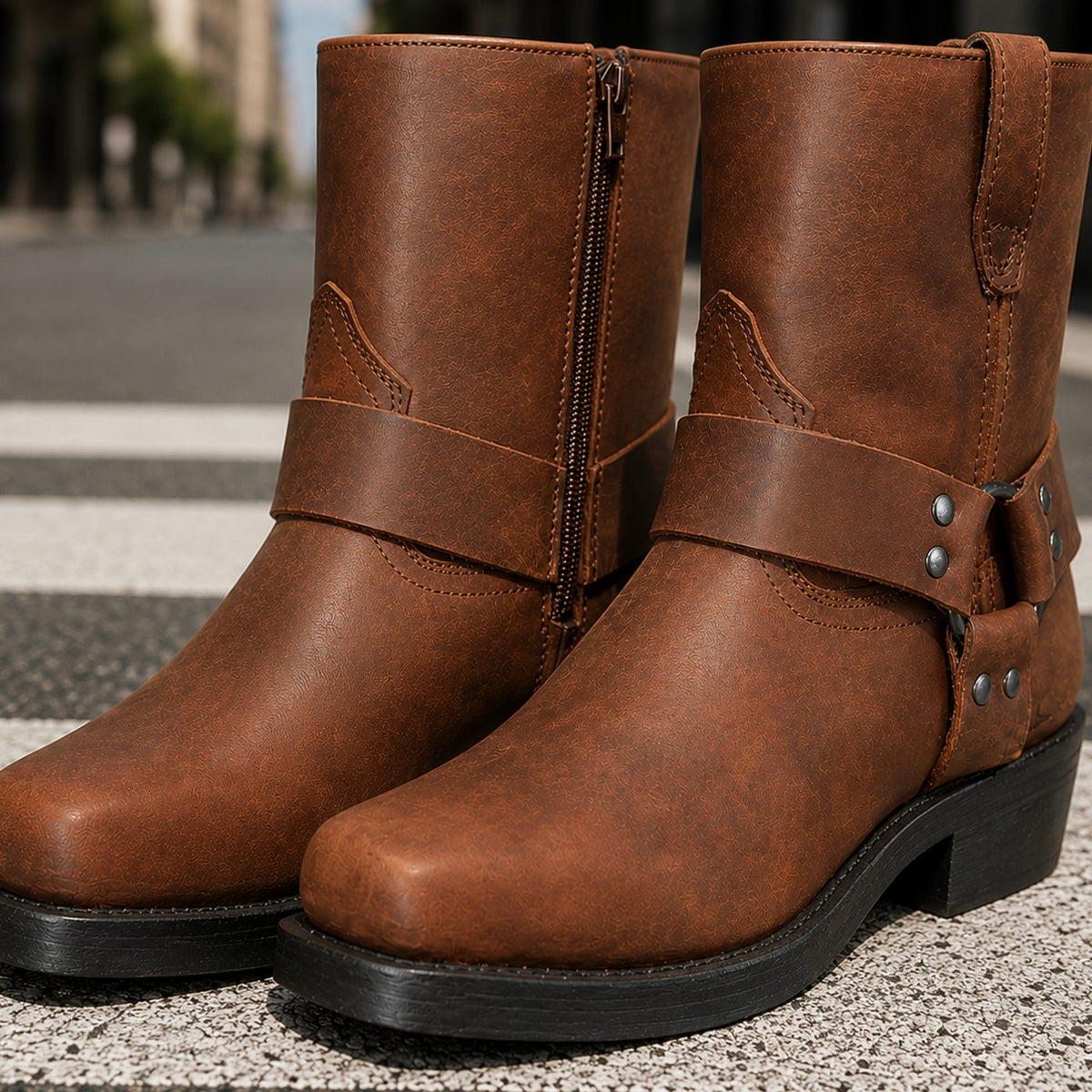 Men's Mid-Calf Harness Boots Side-Zip Low Block Heel - Brown