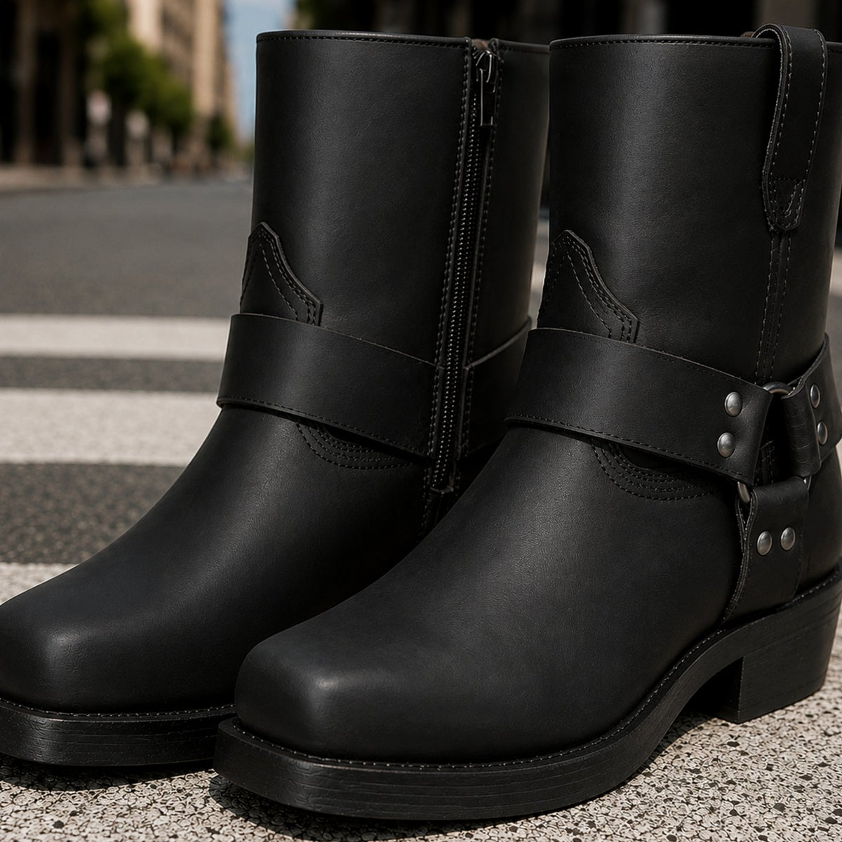 Men's Mid-Calf Harness Boots Side-Zip Low Block Heel - Black
