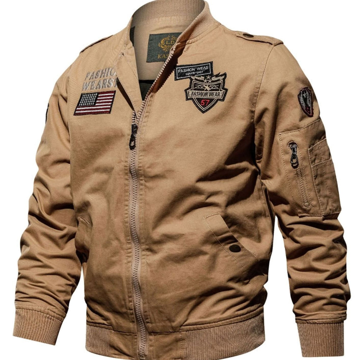 Men's Military-Patch Zip-Up Bomber Jacket - Khaki