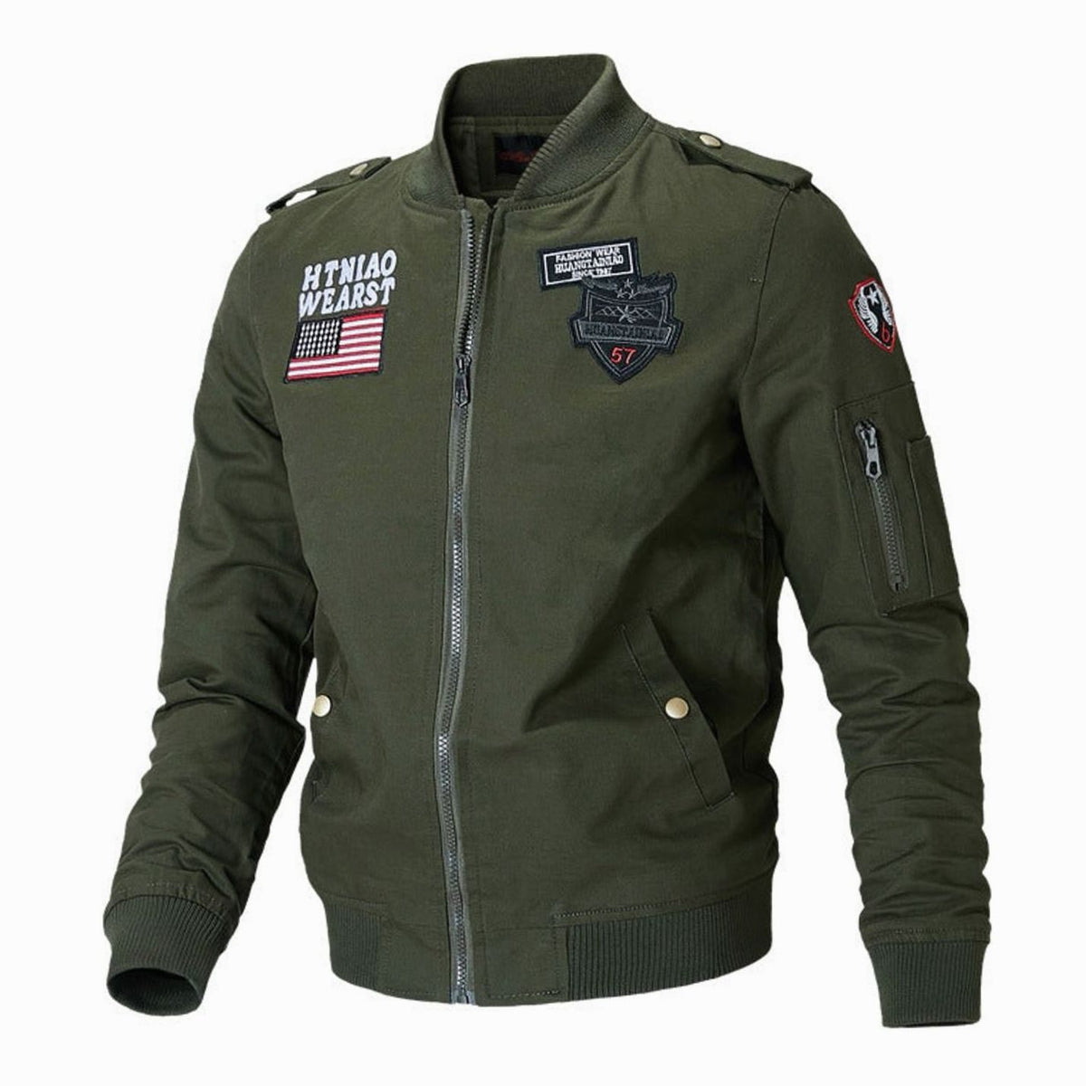 Men's Military Patch Zip-Up Bomber Jacket