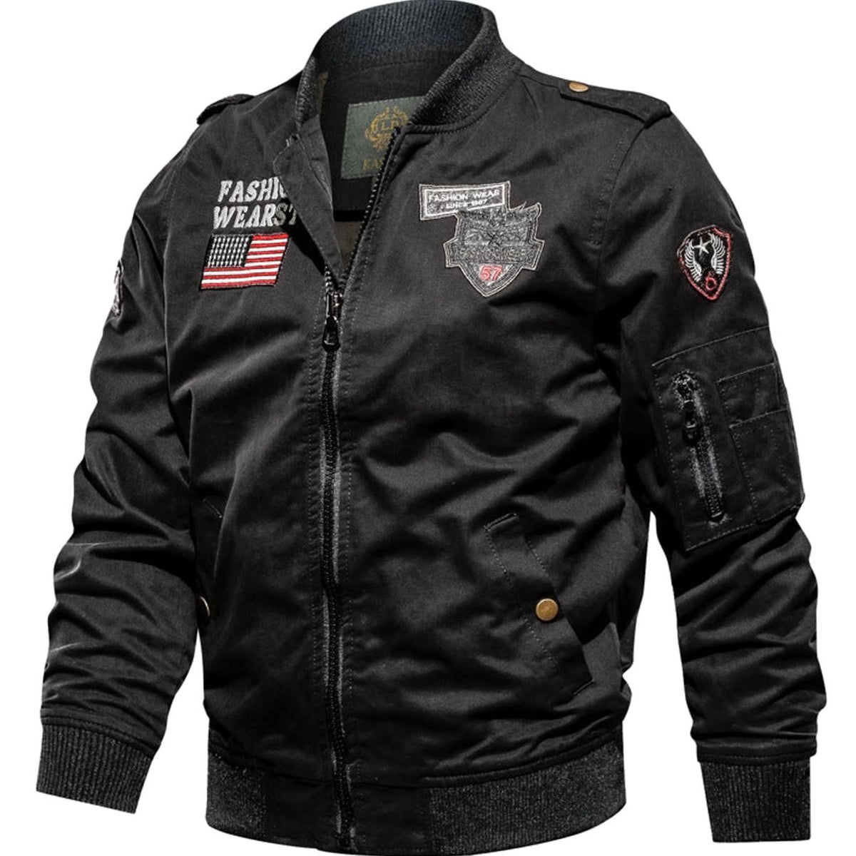 Men's Military-Patch Zip-Up Bomber Jacket - Black