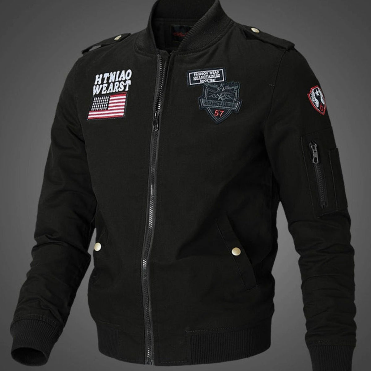 Men's Military Patch Zip-Up Bomber Jacket - Black