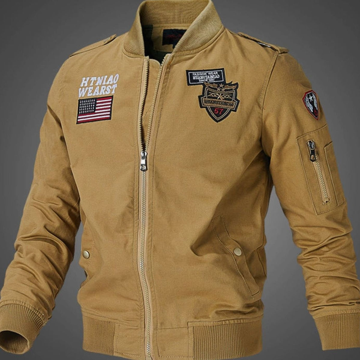 Men's Military Patch Zip-Up Bomber Jacket - Dark Khaki