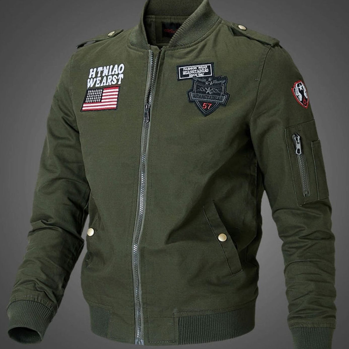 Men's Military Patch Zip-Up Bomber Jacket - Dark Green