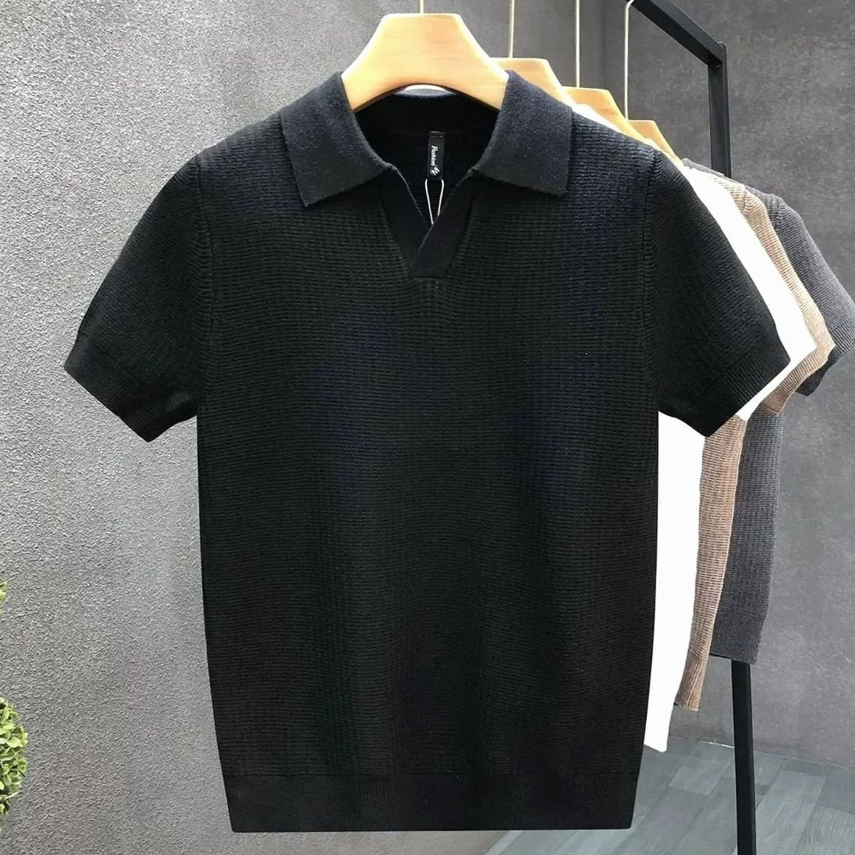 Men's Open-Collar Textured Knit Short-Sleeve Polo Shirt - Black