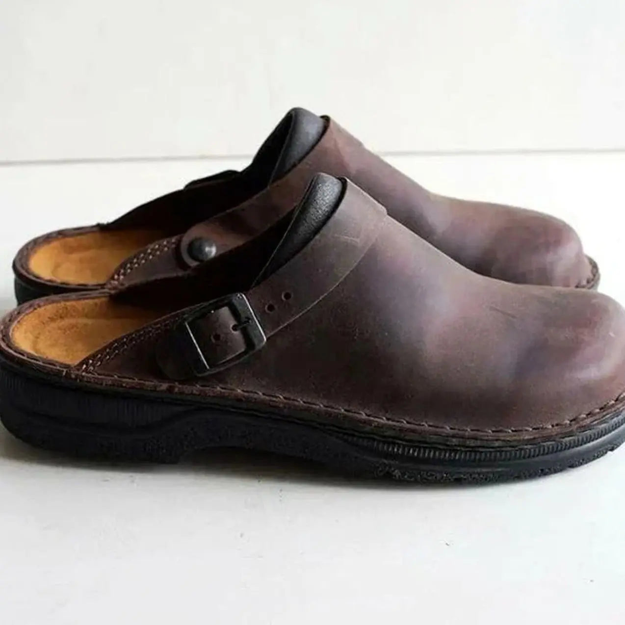 Men's Orthopaedic Leather Buckle Slip on Clogs - Brown