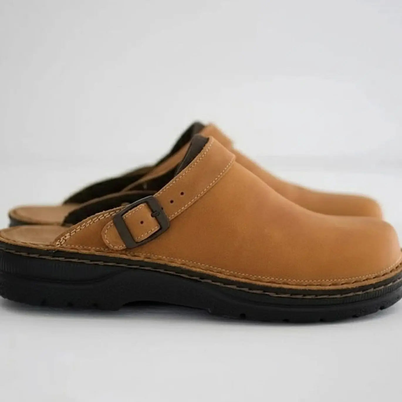 Men's Orthopaedic Leather Buckle Slip on Clogs - Coffee