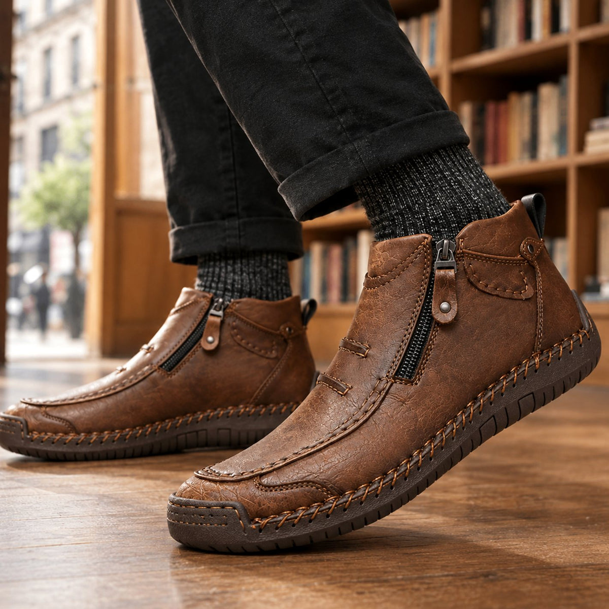 Men's Orthopedic Ankle Boots Side-Zip Moc-Toe Leather-Look