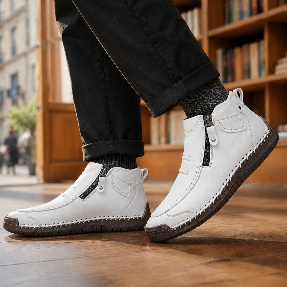 Men's Orthopedic Ankle Boots Side-Zip Moc-Toe Leather-Look - White