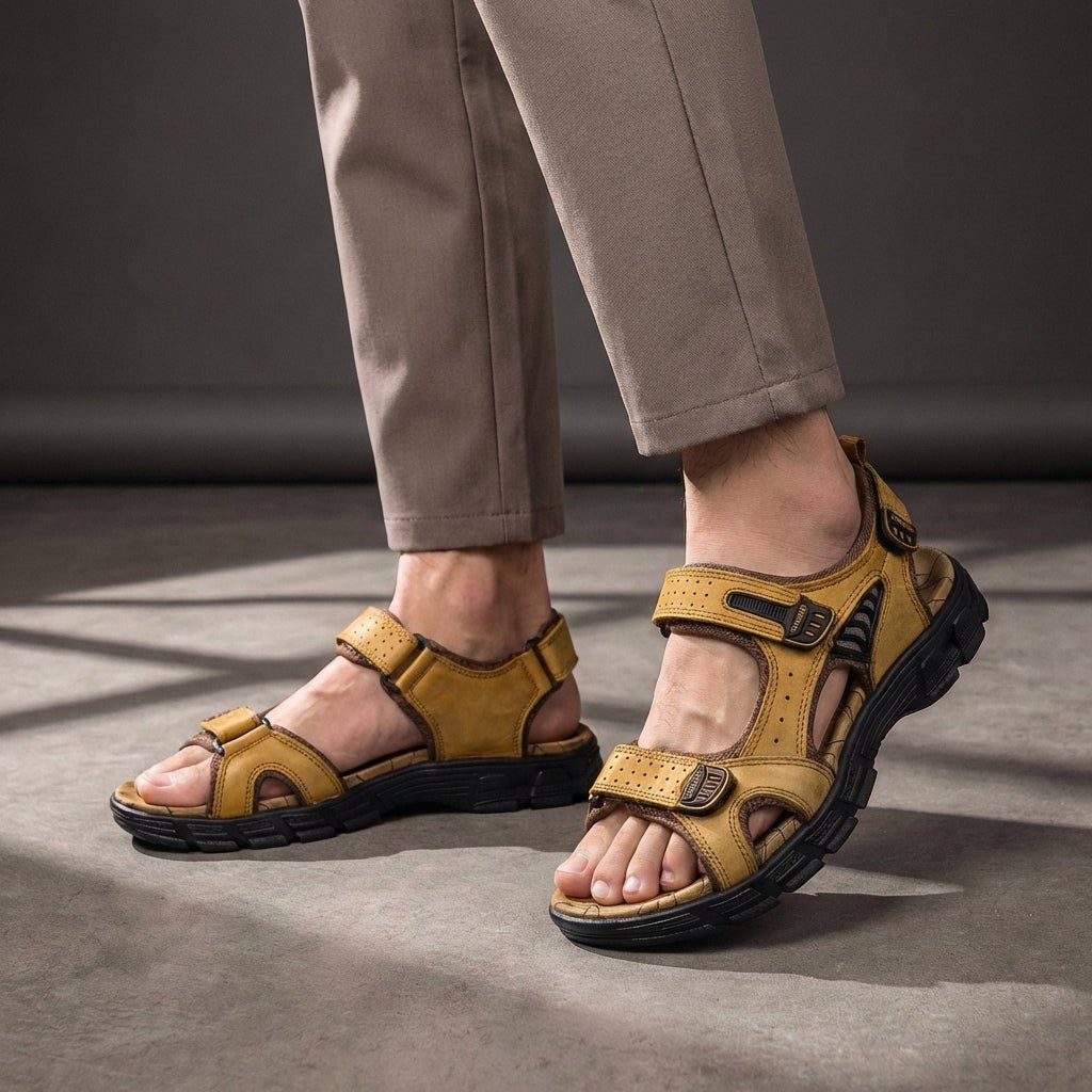 Men's Orthopedic Leather Sandals Adjustable Strap - Yellow