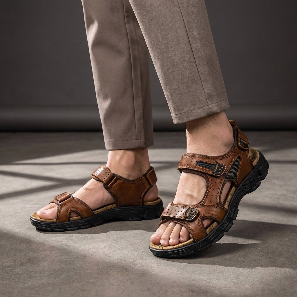 Men's Orthopedic Leather Sandals Adjustable Strap - Brown