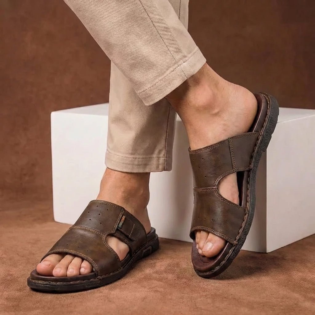 Men's Orthopedic Slide Sandals Wide Fit Leather - Brown