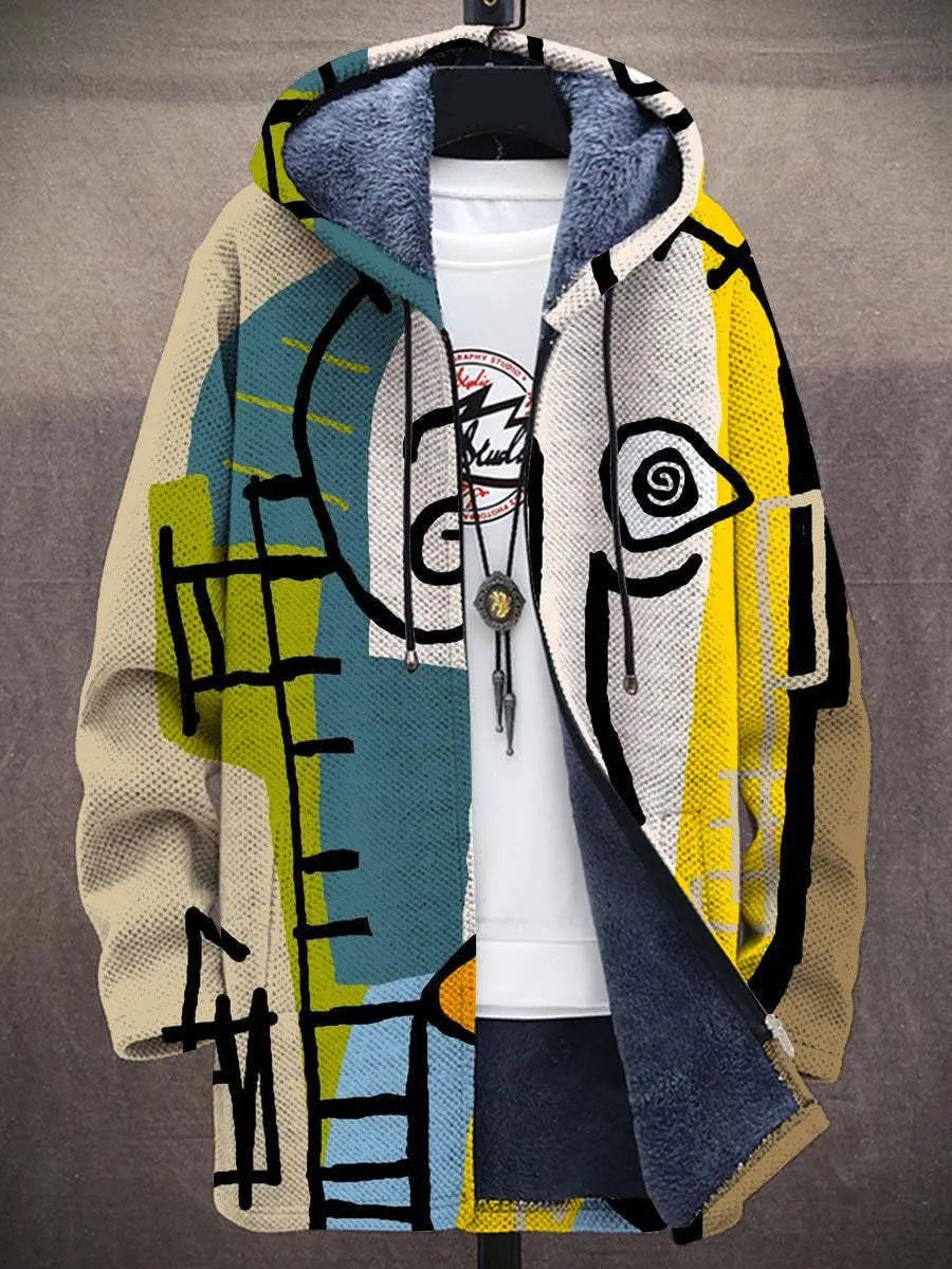 Men's Oversized Fleece-Lined Hooded Zip-Up Mens Cardigan Abstract Print - Multicolour